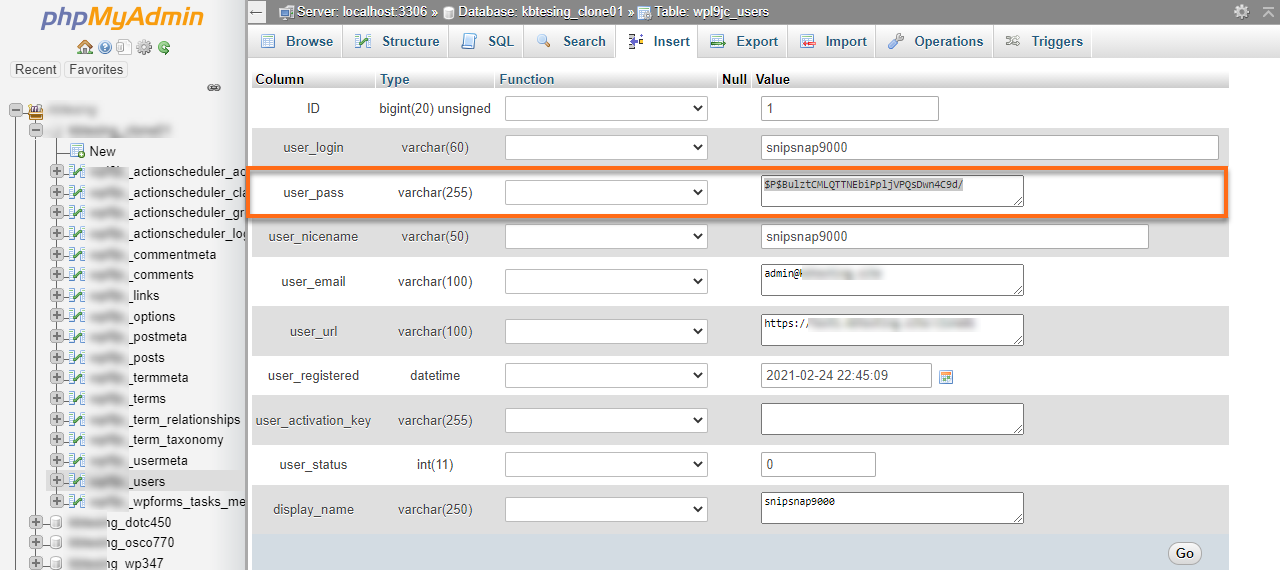 phpMyAdmin user_pass