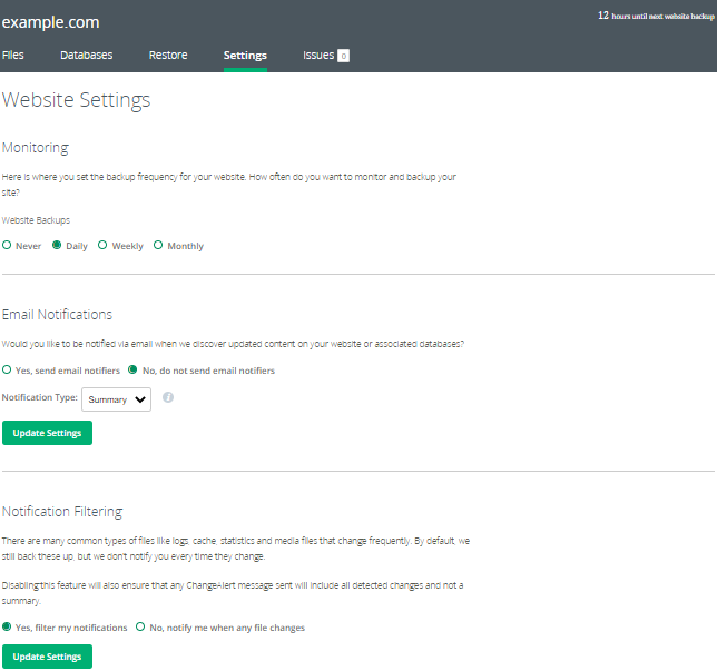 CodeGuard - Dashboard&#39;s Settings Tab