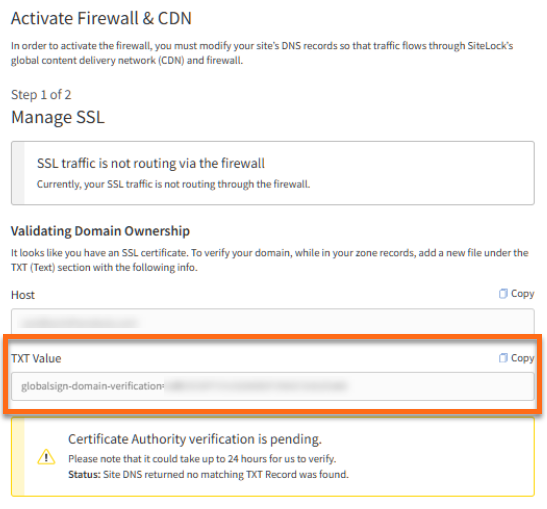 SSL in SiteLock - Copy TXT record