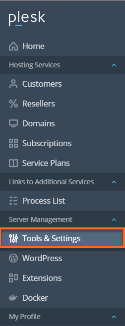 HostGator - Plesk Server Management section Tools & Settings
