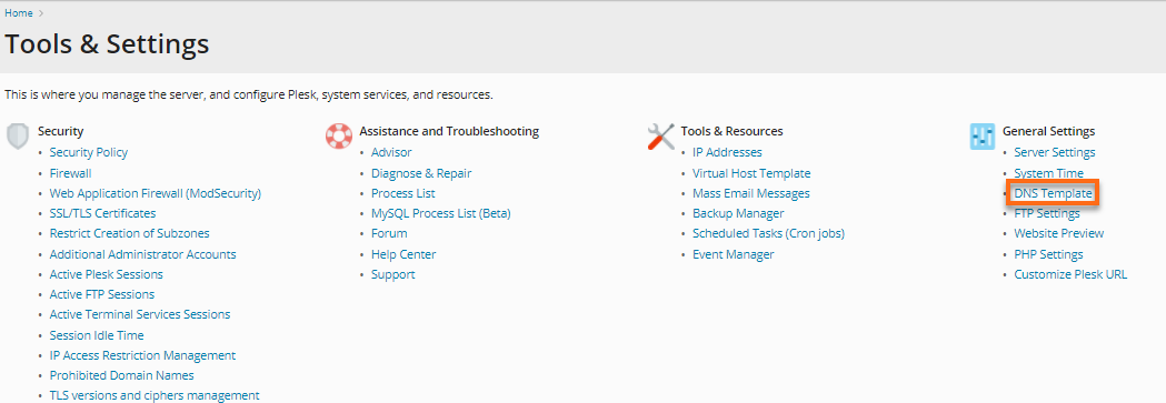 HostGator - Plesk General Settings DNS Template