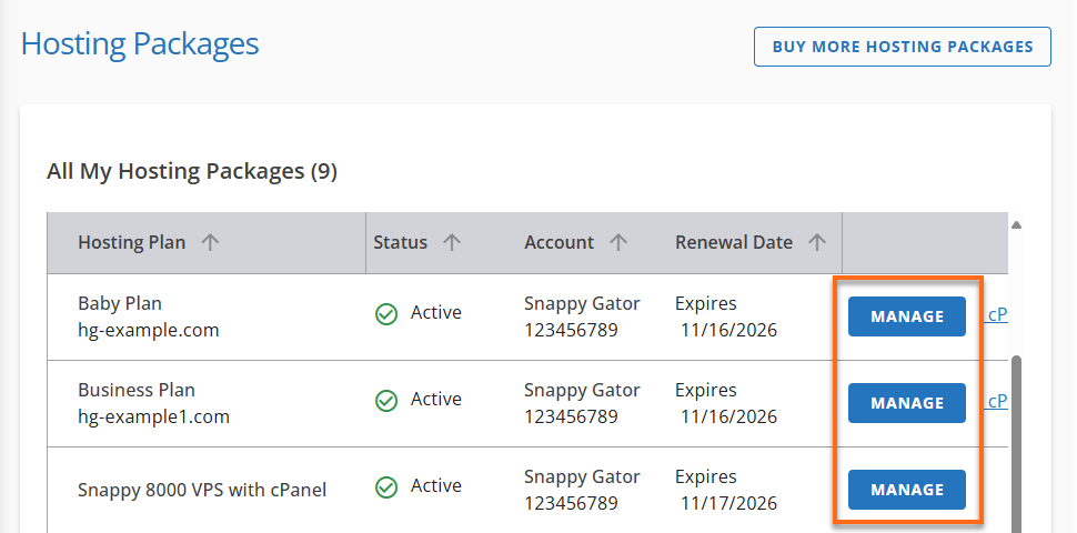 HG Customer Portal Hosting Tab - Manage