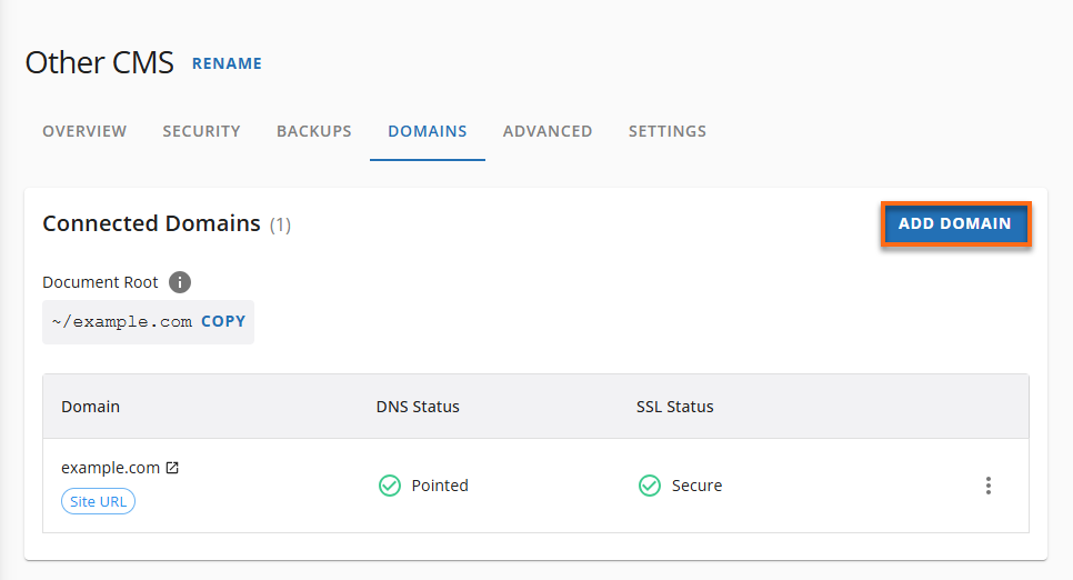 HG Customer Portal Website Tab - Site Information Manage Add Domain
