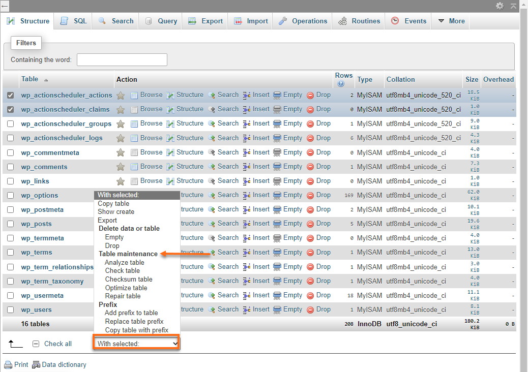 HostGator phpMyAdmin - Table Maintenance