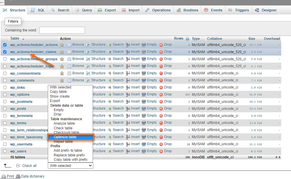HostGator phpMyAdmin - Optimize Table