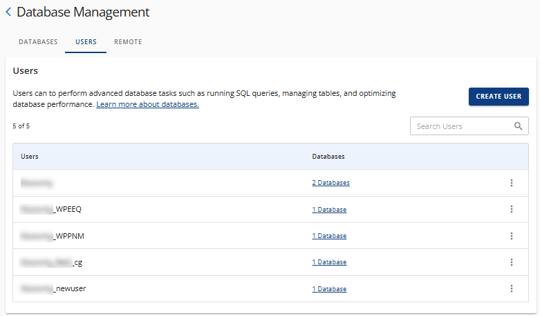 Manage MySQL Databases - Users tab