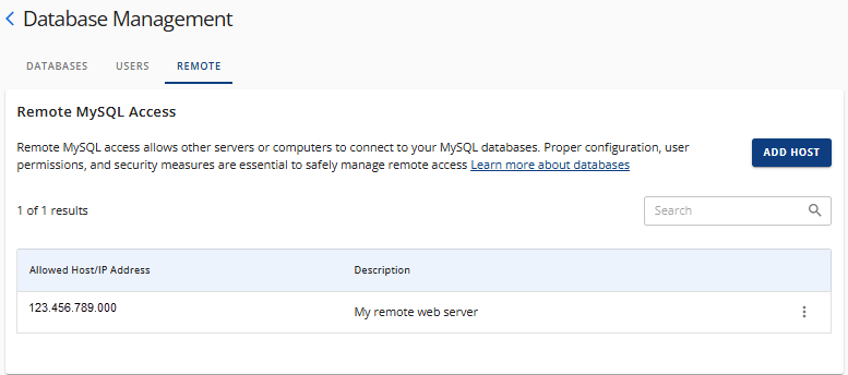 Manage MySQL Databases - Remote tab
