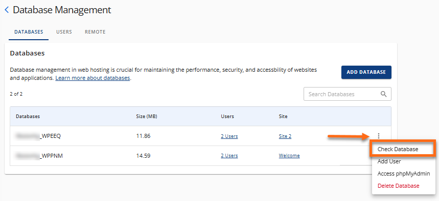 Manage MySQL Databases - Check database