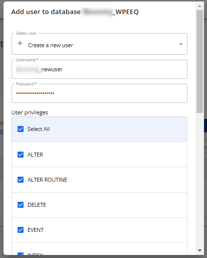 Manage MySQL Databases - Create a new user &amp; select all privileges