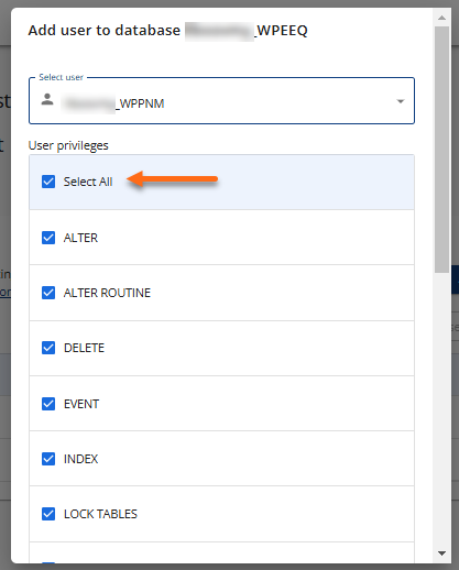 Manage MySQL Databases - Existing user select all privileges