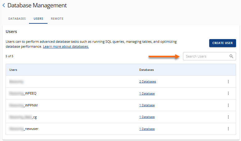 Manage MySQL Database Users - Search box for database user