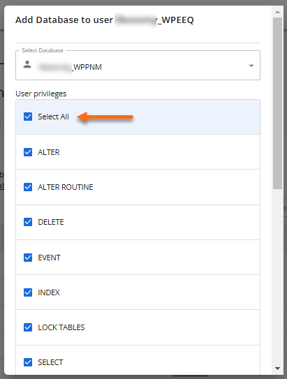 Manage MySQL Database Users - Add to Database - Select All privileges