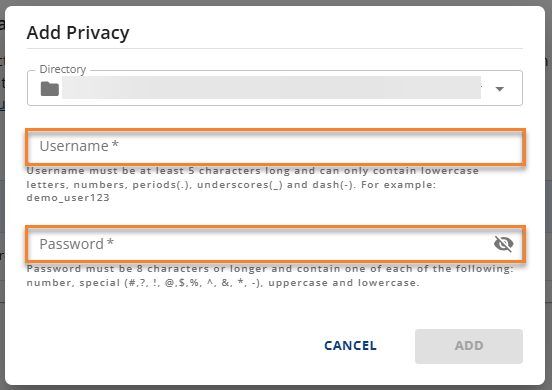 Add Privacy Username and Password