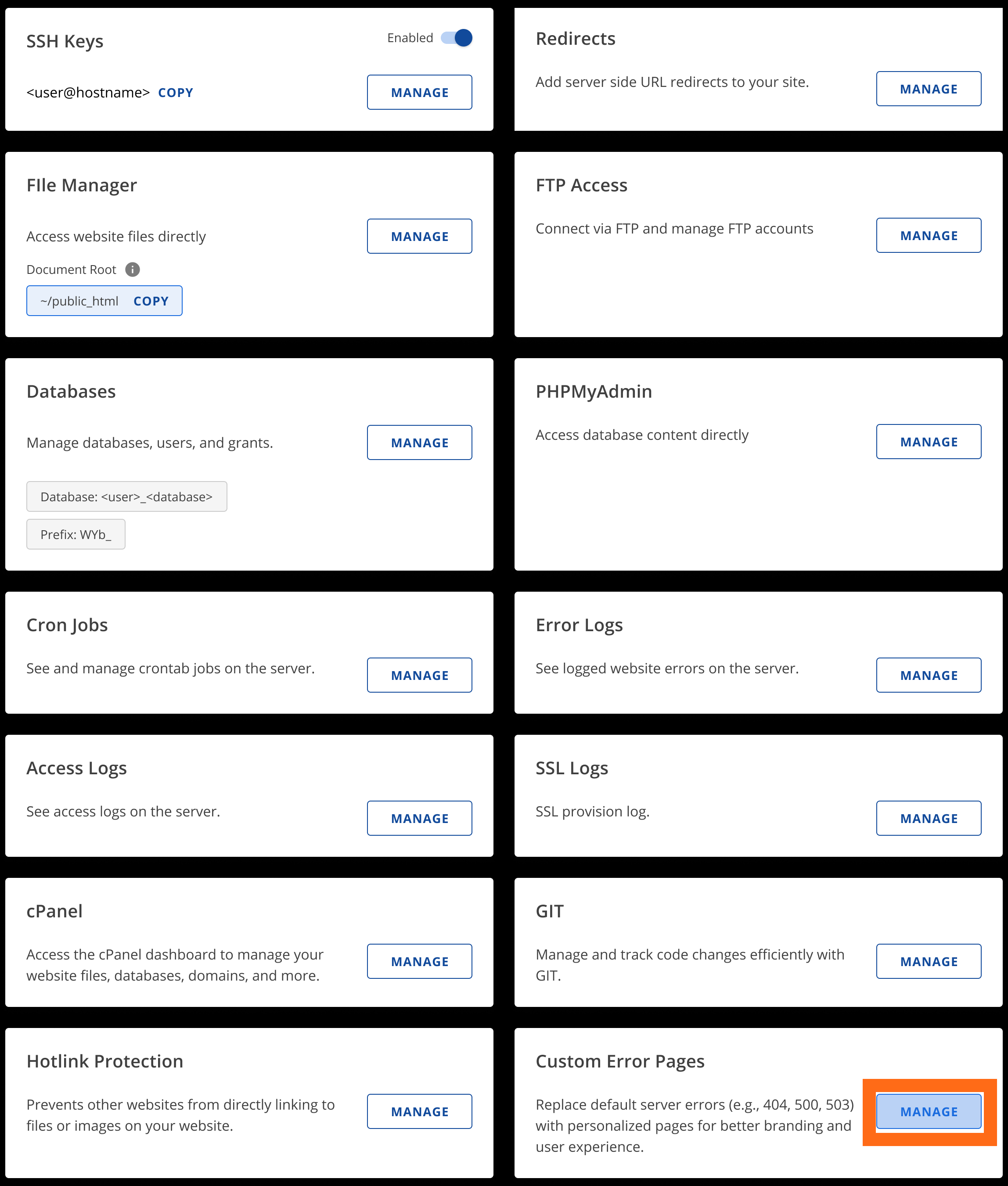 Advanced tab - Custom Error Pages