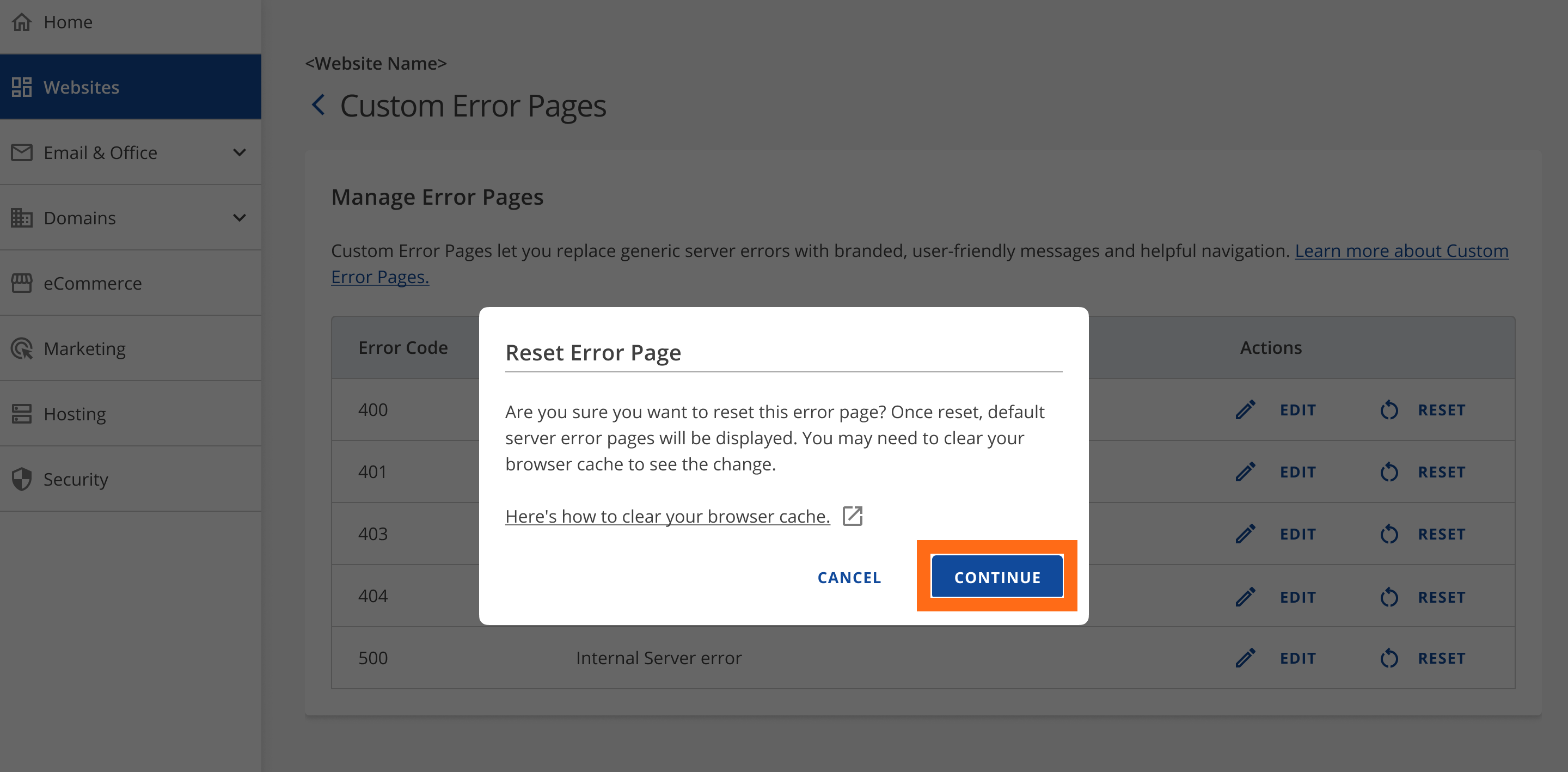 Custom Error Page Pop Up - Continu