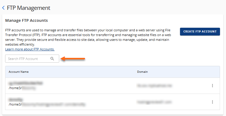 Manage FTP Accounts - Search box