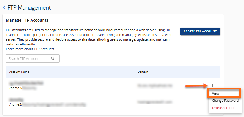 Manage FTP Accounts - View details