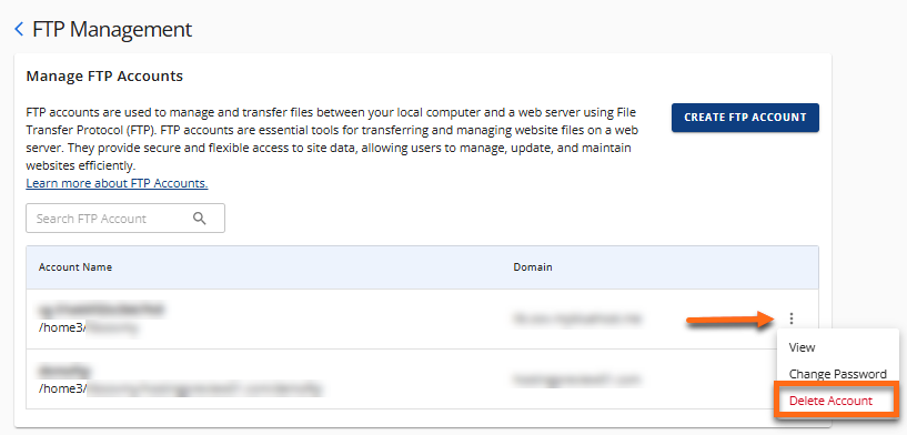 Manage FTP Accounts - Delete account