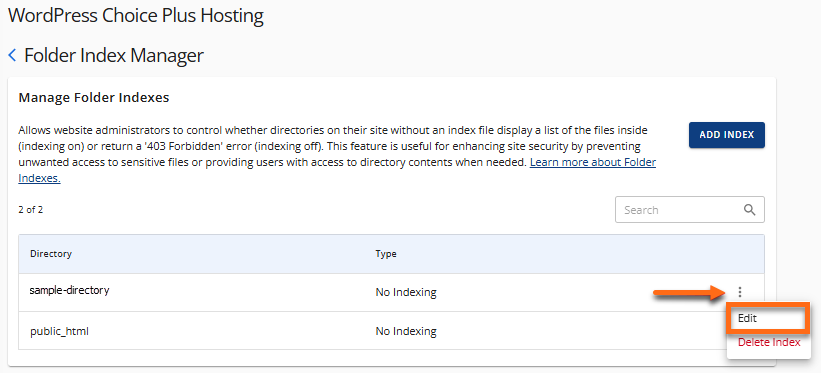 Manage indexes - Edit an index