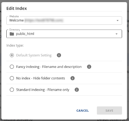 Manage indexes - Edit index pop-up