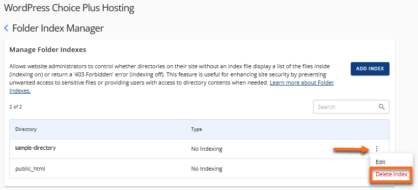 Manage indexes - Delete Index
