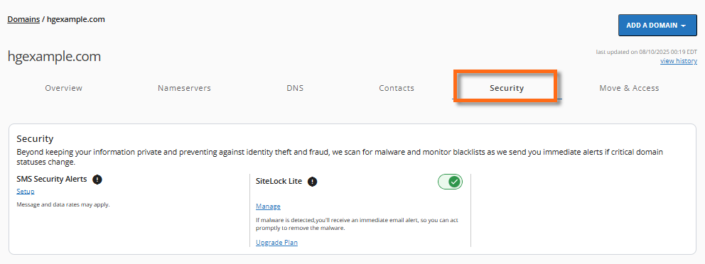 Domains tab - Security menu