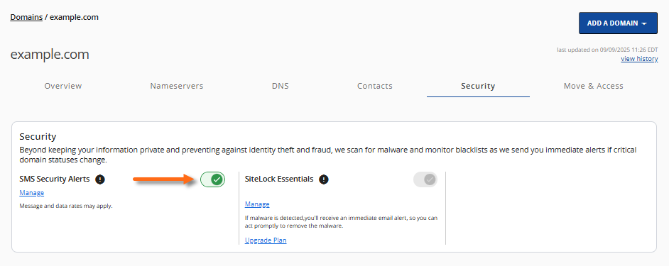 Security menu - SMS Security Alerts - Toggle