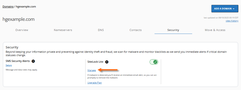 Security Tab - Sitelock - Manage link