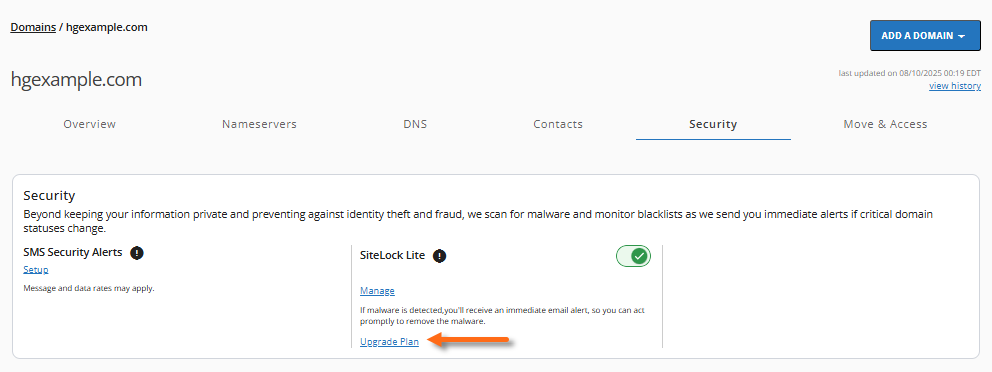 Security Tab - Sitelock - Upgrade Plan