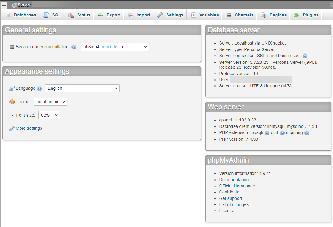 phpMyAdmin home page