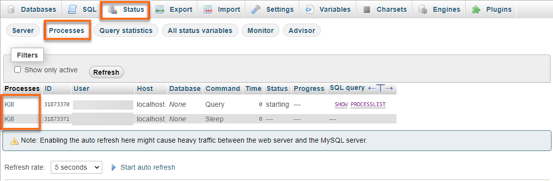 phpMyAdmin status processes