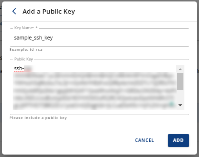 SSH Management - Enter key name and public key