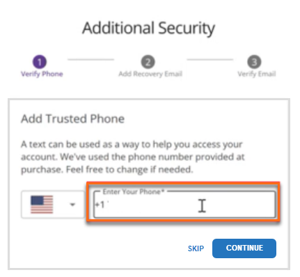 Additional Security - Enter trusted phone number