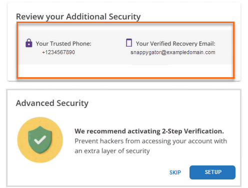 Additional Security with phone number and email