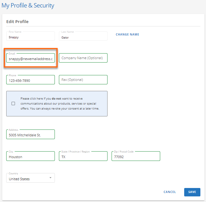 Customer Portal - Enter new email address