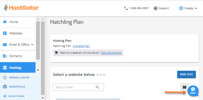 Customer Portal - Hosting tab - Chat Support