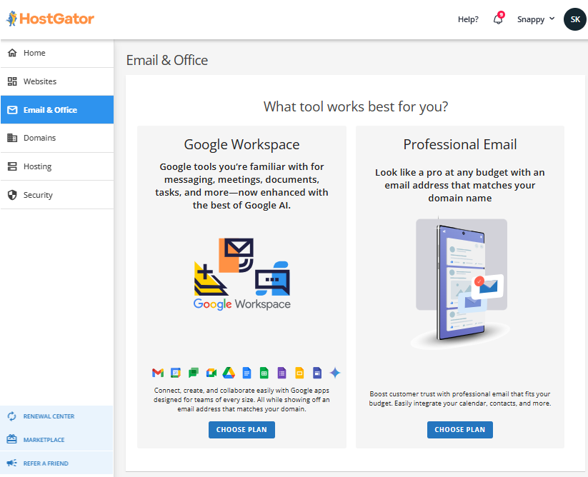 Customer Portal - Email & Office - Purchase Google Workspace or Professional Email