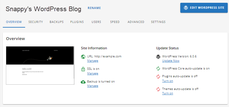 Customer Portal - Hosting tab - Settings page (WordPress)