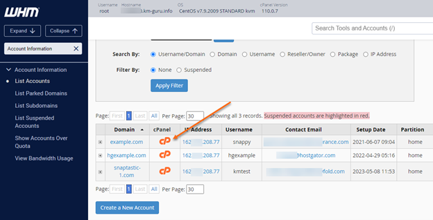 HostGator - WHM Select cPanel Account