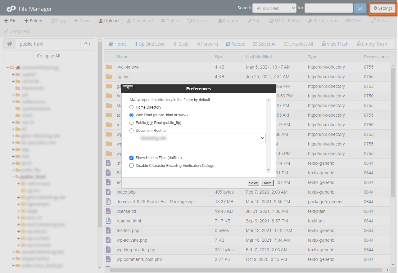 HostGator File Manager Settings