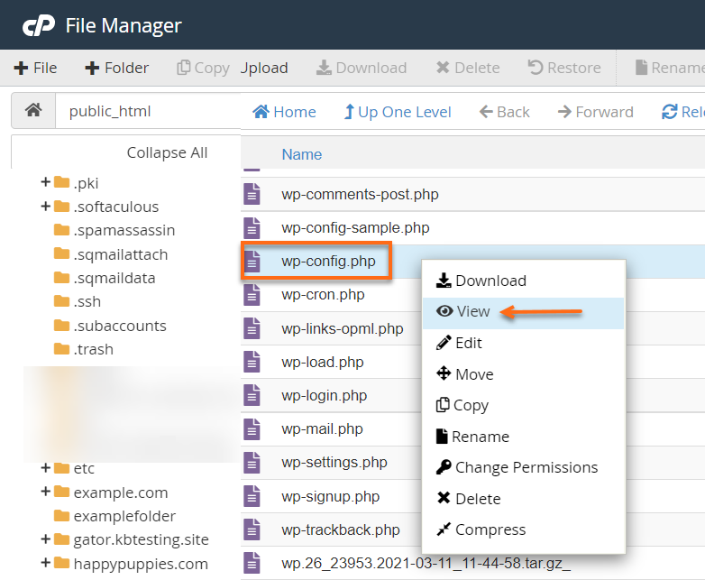 HostGator File Manager wp-config.php View