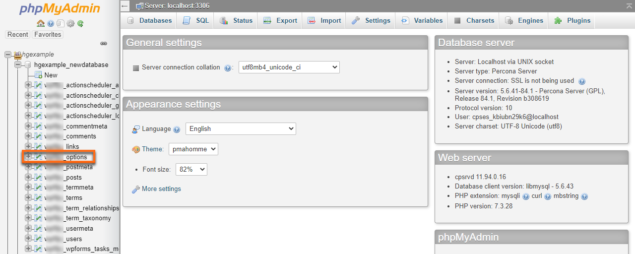 HostGator phpMyAdmin wp_options