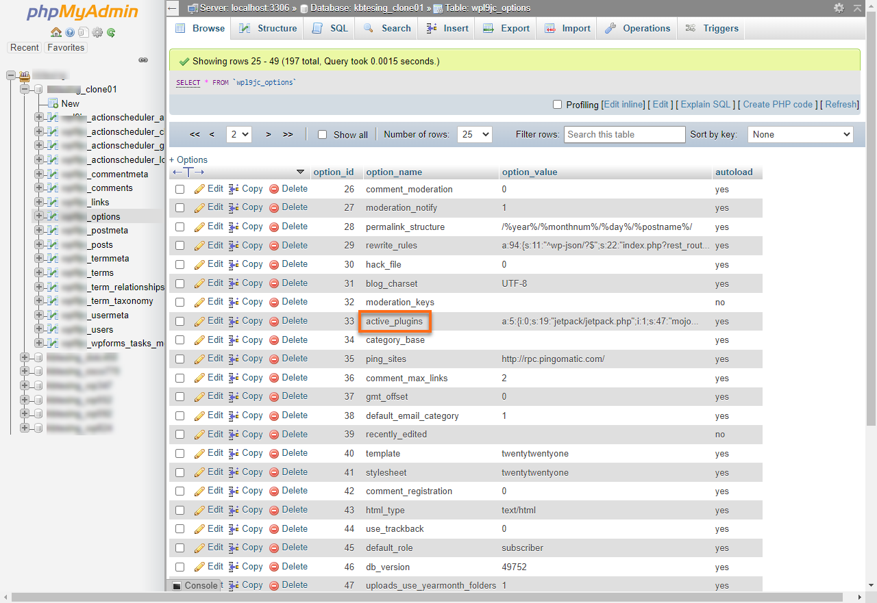 HostGator phpMyAdmin wp_options Active Plugins
