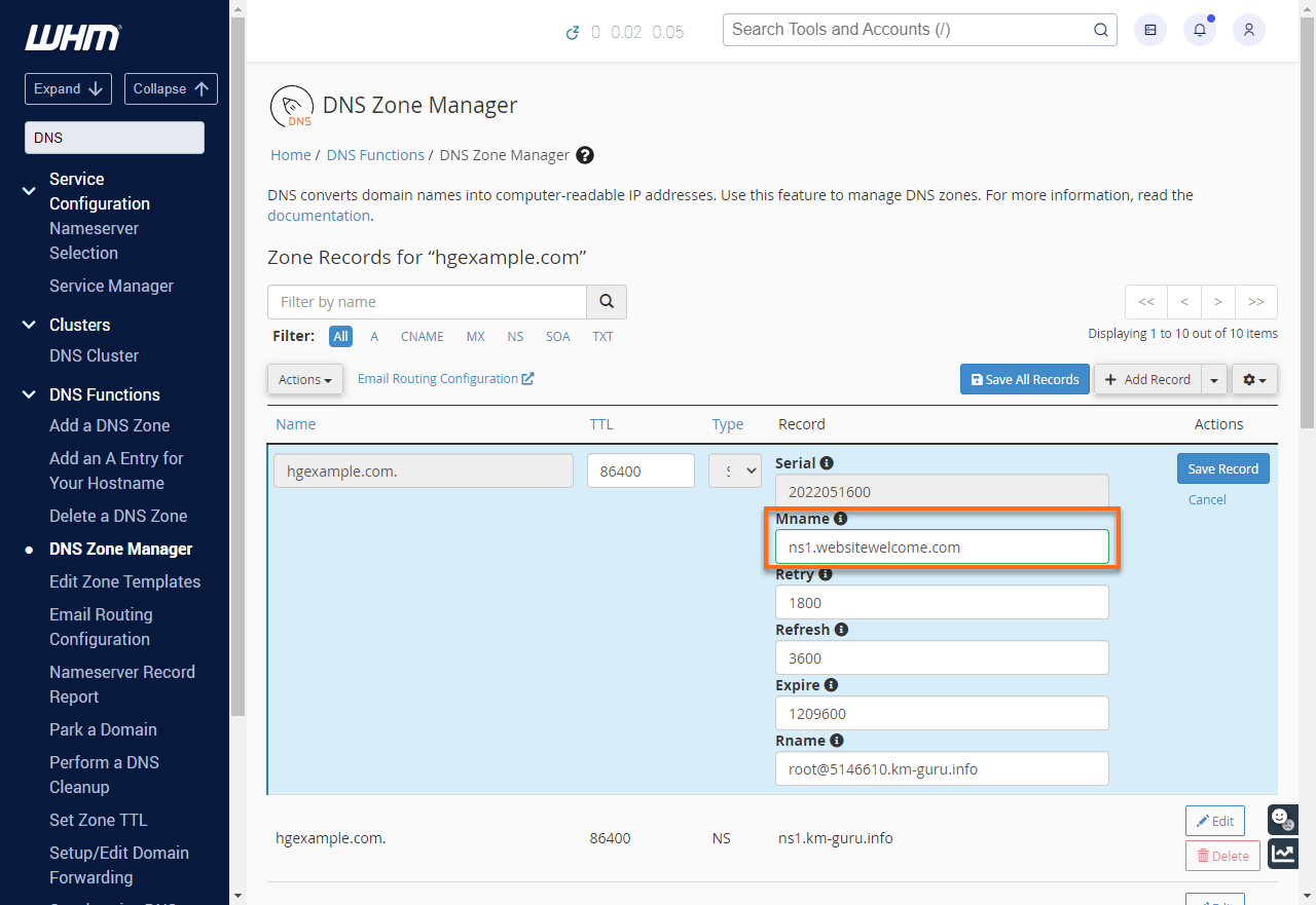 HostGator WHM DNS Functions DNS Zone Manager SOA