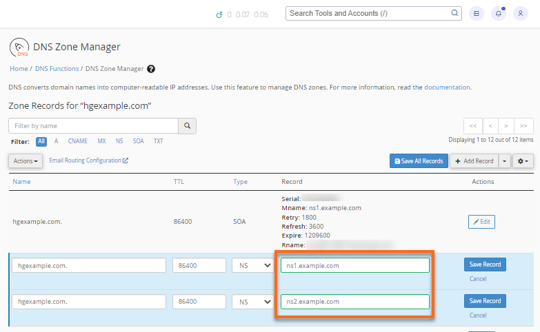 HostGator WHM DNS Functions DNS Zone Manager NS
