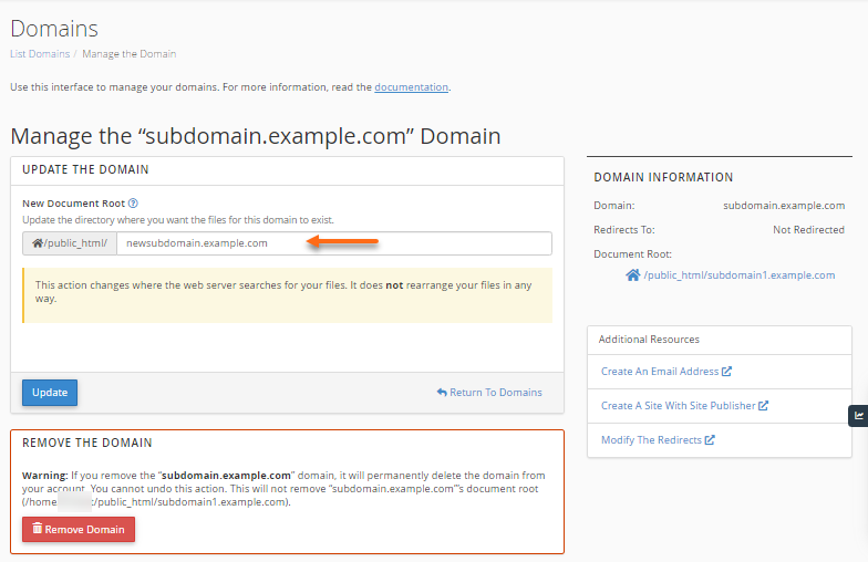 cPanel - Enter new document root
