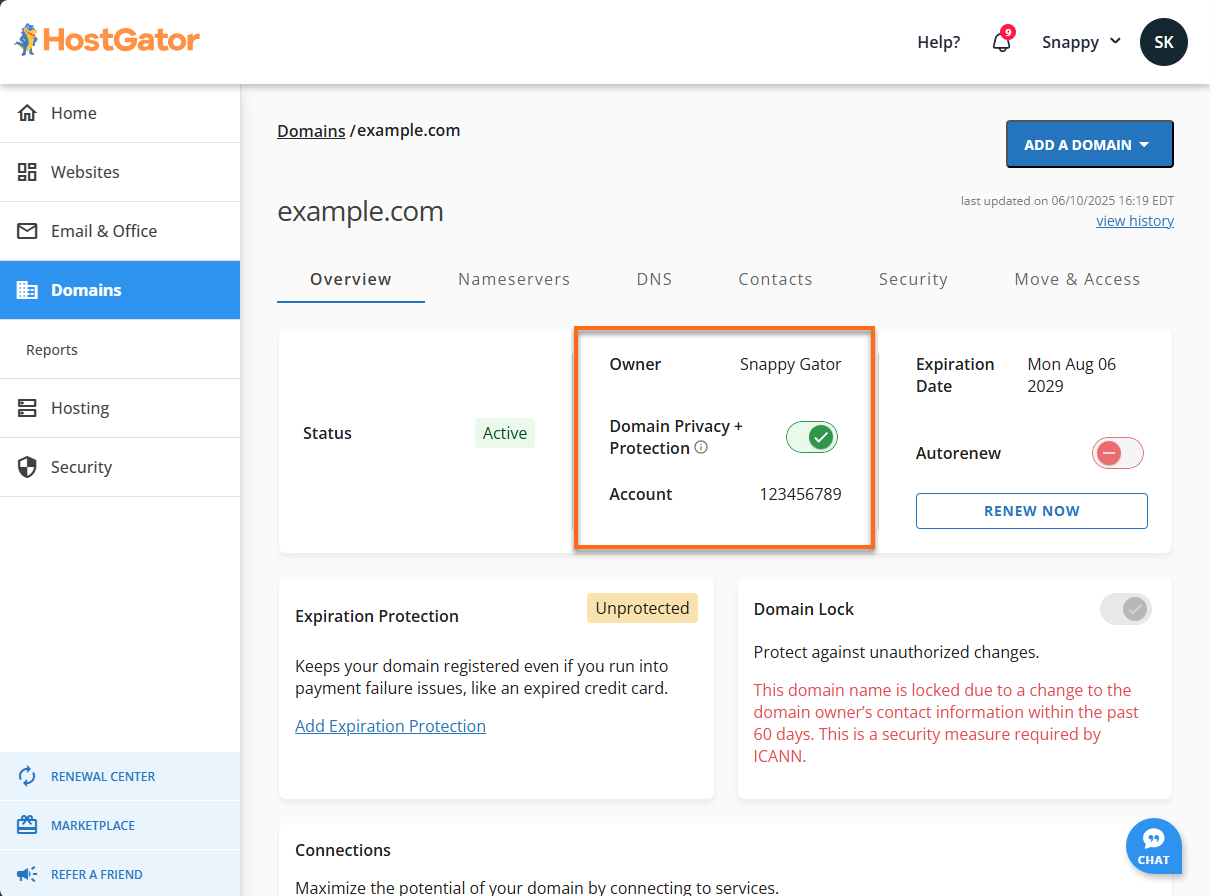 Domains Tab - Owner and Domain Privacy