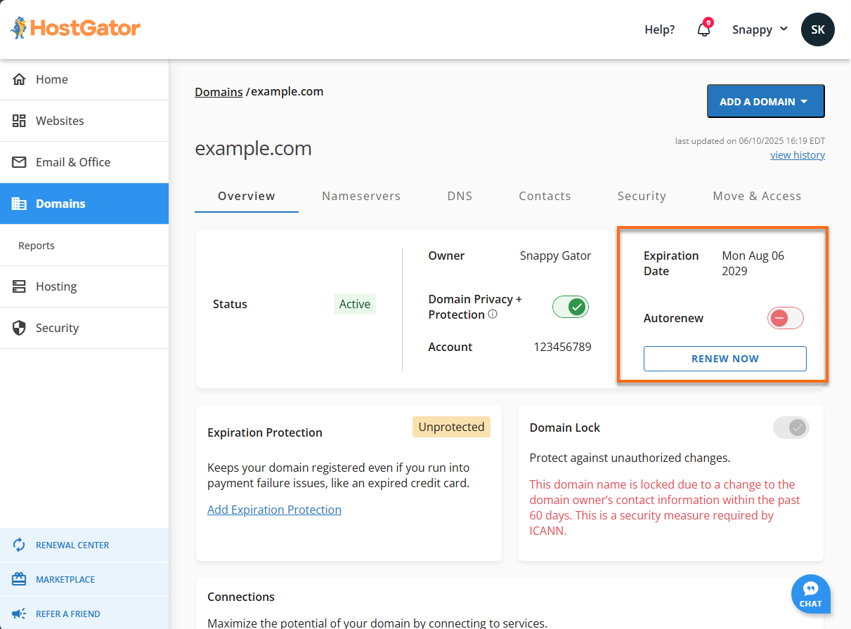 Domains tab -  Expiration Date and Autorenew