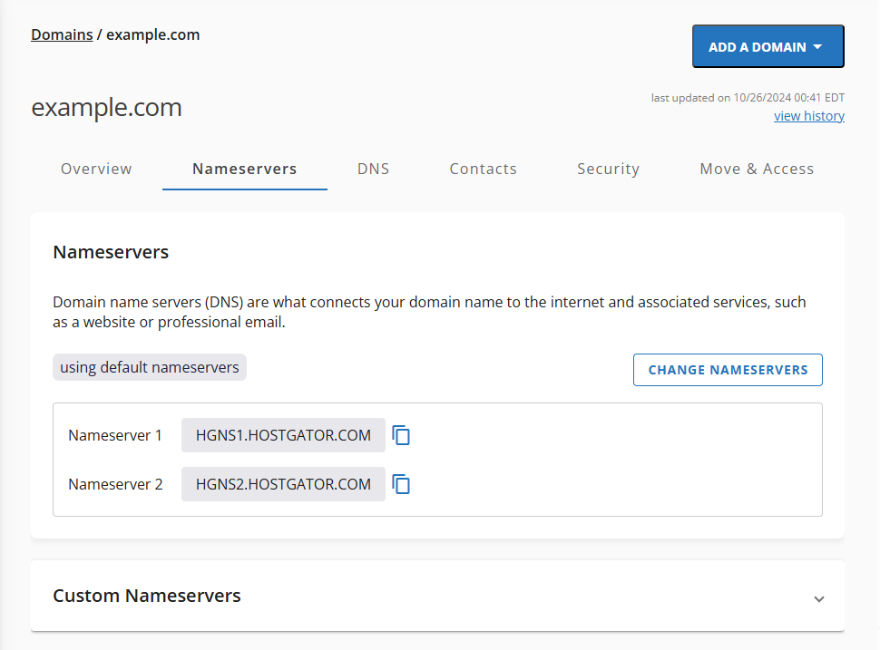 Domains tab - Domain Nameservers