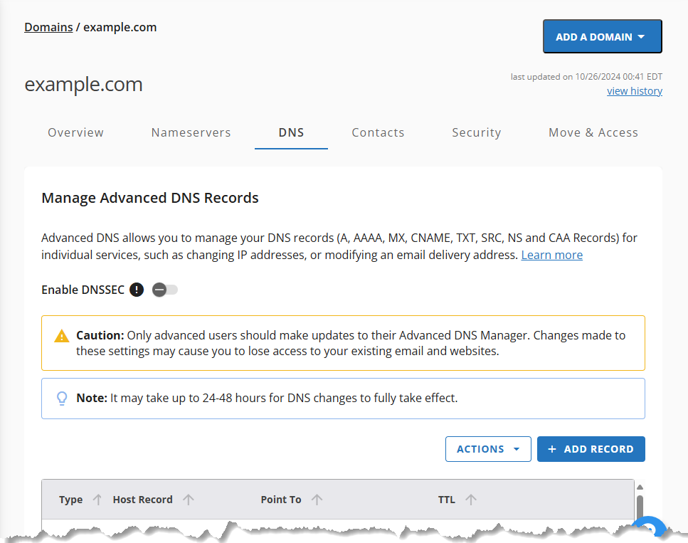 Domains tab - Domain DNS